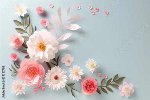 Flowers paper cut design. Beautiful spring paper cut flowers on soft color background. Valentine's Day, Birthday, Happy Woman Day, Mother's Day. Holiday poster and banner with flower papercut