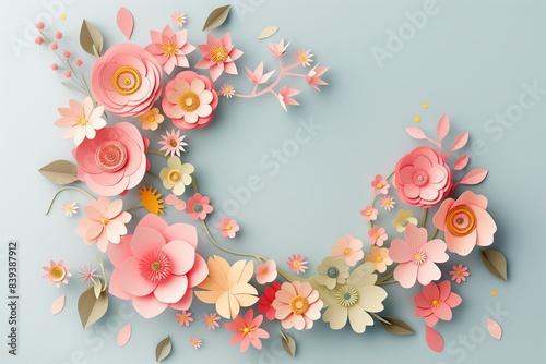 Flowers paper cut design. Beautiful spring paper cut flowers on soft color background. Valentine's Day, Birthday, Happy Woman Day, Mother's Day. Holiday poster and banner with flower papercut