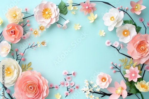 Flowers paper cut design. Beautiful spring paper cut flowers on soft color background. Valentine's Day, Birthday, Happy Woman Day, Mother's Day. Holiday poster and banner with flower papercut