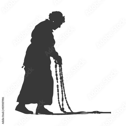 Silhouette of Elderly Woman with Rosary Beads, Religious Devotion.