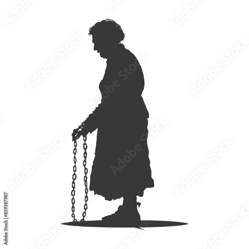 Silhouette of Elderly Woman Burdened by Chains, Facing Down.