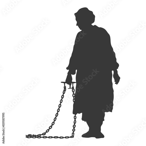 Silhouetted Woman Dragging Heavy Chains, Burdened by the Past.