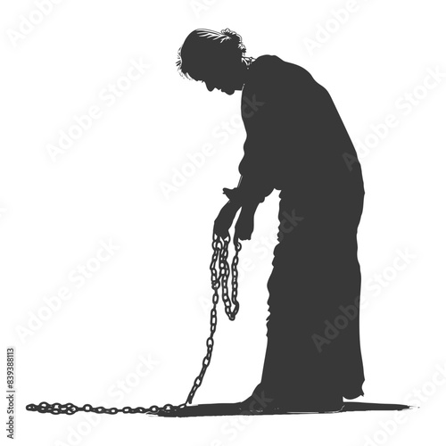 Silhouette of Burden: Woman Bent Under the Weight of Chains, Isolated.