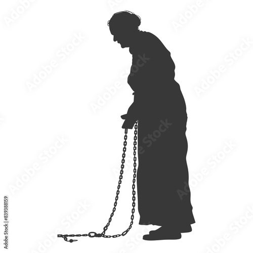 Silhouette of bowed elderly woman dragging heavy chain.