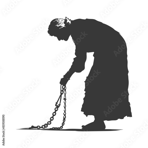 Silhouette of Elderly Woman Burdened by Chains, Against White Backdrop.