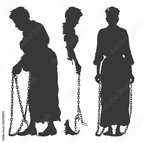 Silhouetted Woman in Long Dress with Chains: Burden of the Past, Historical Symbolism.
