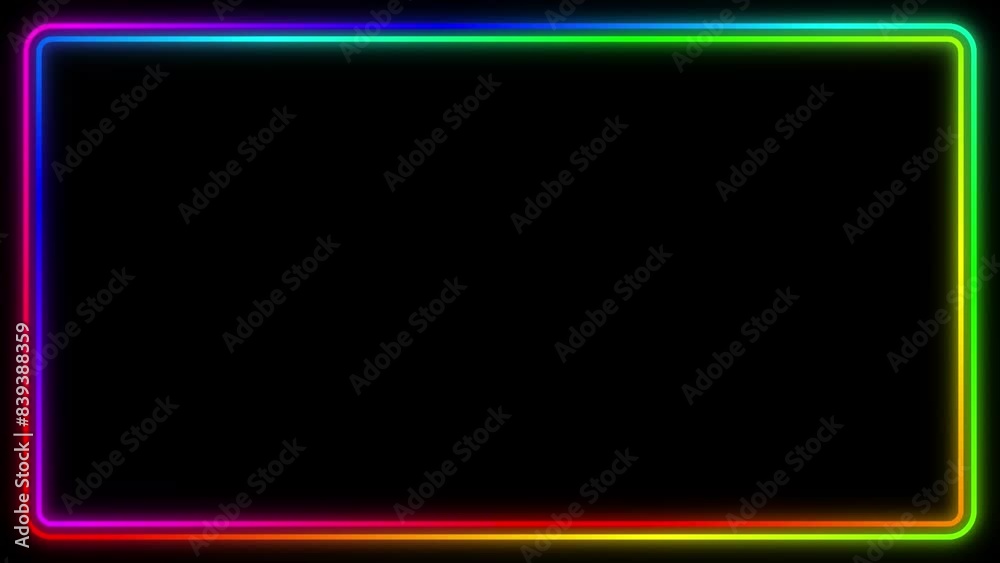 Simple rounded corners frame with black background. Loopable animation with 2 variations. Glowing neon rainbow colors.
