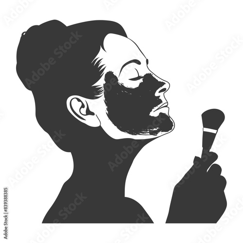 Monochrome Woman Applying Charcoal Mask with Brush, Beauty Treatment Silhouette
