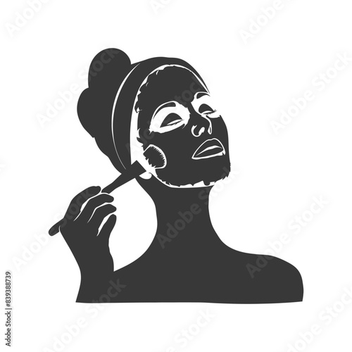 Silhouette: Woman Applying Facial Mask with Brush, Spa Treatment, Closed Eyes, Blissful Relaxation.