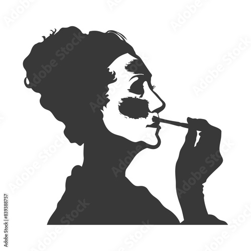 Dramatic Silhouette: Woman Applying Makeup with Brush, Partial Face Coverage