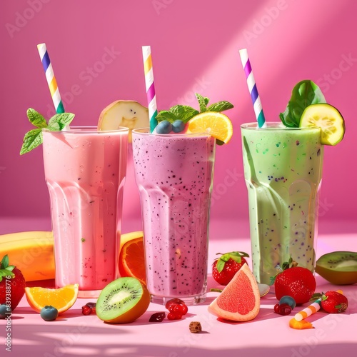 Three different smoothies - peach, pink and green - in glasses with colorful straws on a pink background. Healthy food concept. Pieces of fruit are nearby.