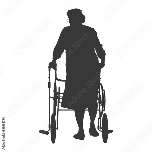 Silhouette of Elderly Woman with Walker: Back View, Mobility Aid, Gray Scale.