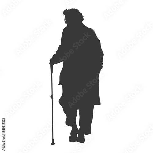 Elderly Woman Silhouette: Cane in Hand, Walking Forward, Isolated.