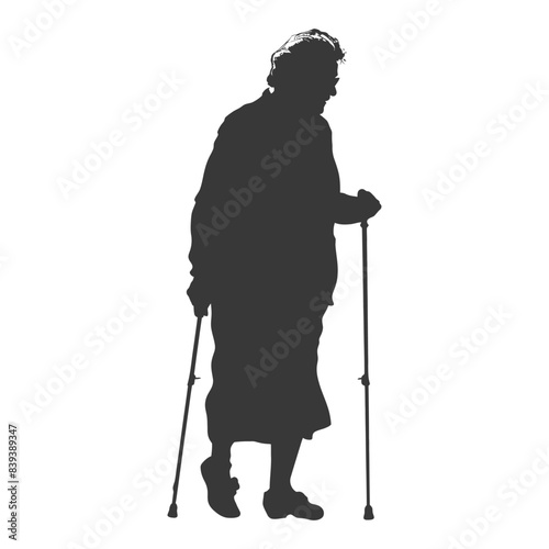 Silhouette of Elderly Woman with Walking Sticks on White Background.