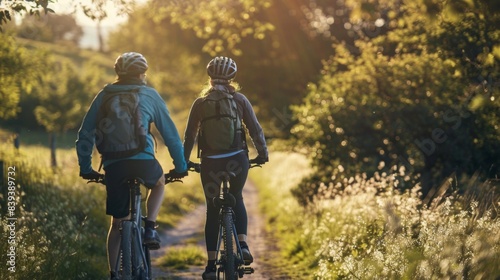 a couple, showcasing biking gear in a setting of a picturesque countryside route, emphasizing active travel and the enjoyment of rural landscapes.