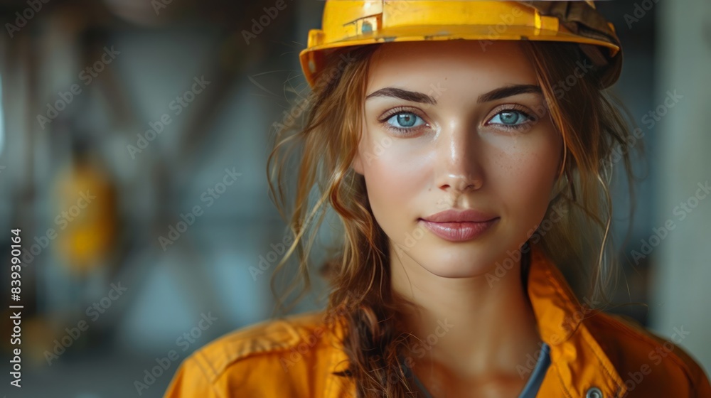 Female Engineer in Safety Gear: Capture a female engineer in full safety gear, isolated on a beige background, representing safety and competence. Female Engineer in Safety Gear: Capture a female engineer in full safety gear, isolated on a beige background, representing safety and competence.