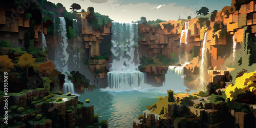 Majestic waterfalls cascading into a serene pool. Vector illustration