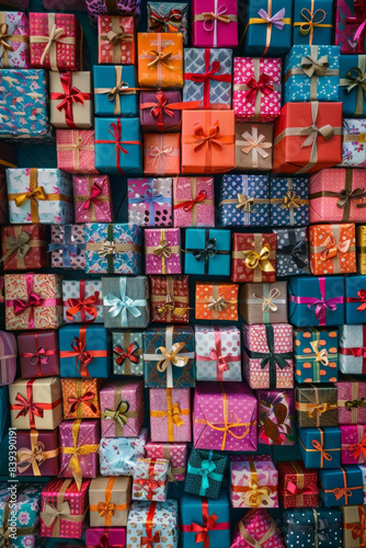 An abundant assortment of small gift boxes in different colors and patterns, tightly packed to fill the entire frame. The boxes are wrapped in vibrant papers and ribbons. © grey