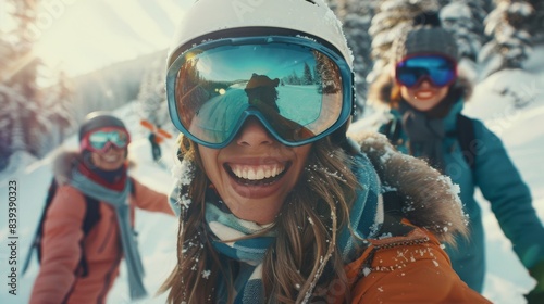 a group of friends, showcasing winter sports gear in a setting of a snowy ski resort, emphasizing fun and the excitement of winter activities.  photo