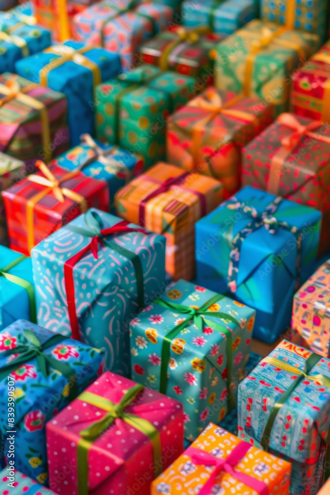 An abundant assortment of small gift boxes in different colors and patterns, tightly packed to fill the entire frame. The boxes are wrapped in vibrant papers and ribbons. An abundant assortment of small gift boxes in different colors and patterns, tightly packed to fill the entire frame. The boxes are wrapped in vibrant papers and ribbons.