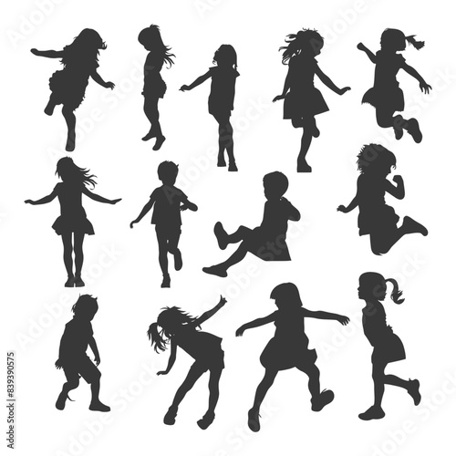 silhouette floating little girl with poses full body black color only