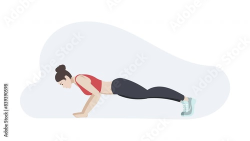 Female cartoon character doing Push up exercise.  Fitness and workout, healthy lifestyle concepts. 4k, Looped 2D animation.
