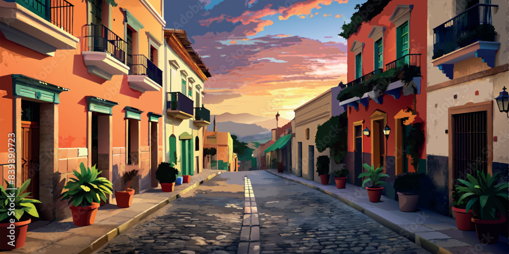 Fototapeta premium Colorful village street at sunset with potted plants. Vector illustration