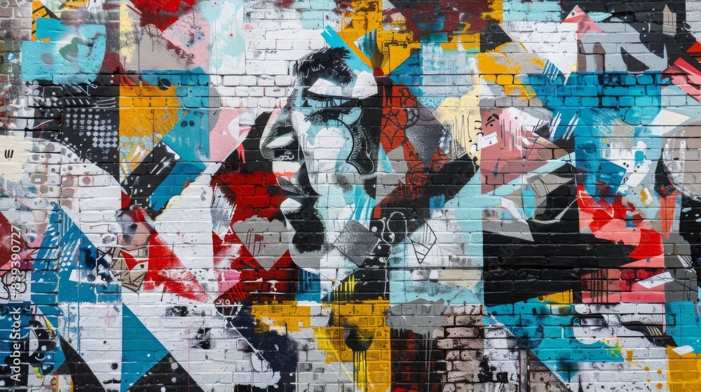 Naklejka premium a solo traveler, showcasing contemporary street art in a setting of an urban arts district, emphasizing creativity and modern culture.