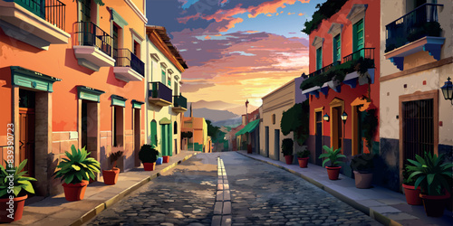 Colorful village street at sunset with potted plants. Vector illustration