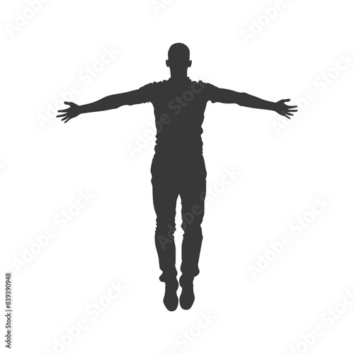 Ascending Silhouette: Man Soaring with Open Arms, Isolated on White.