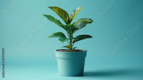 Minimalist Plant Pot: Capture a minimalist plant pot with a single green plant, isolated on a light blue background