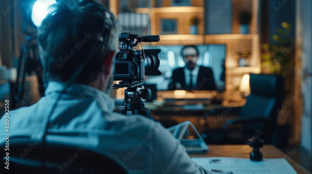 selective focus of professional digital camera near businessman recording video content in office generative ai selective focus of professional digital camera near businessman recording video content in office generative ai