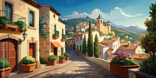 Charming village street with colorful houses and scenic view. Vector illustration