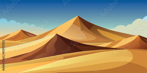 Golden desert dunes under clear blue sky. Vector illustration