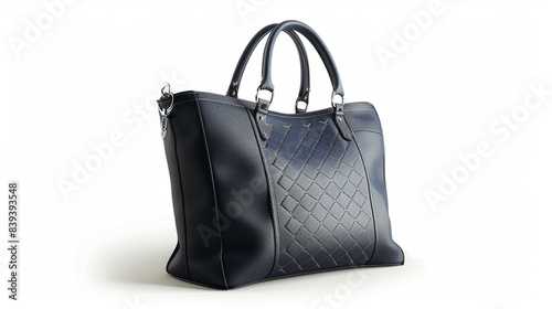 A sophisticated navy blue tote bag with elegant stitching and polished silver accents, isolated on a white background