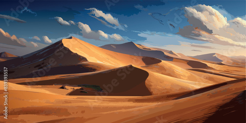 Golden desert landscape with dramatic clouds and sand dunes. Vector illustration