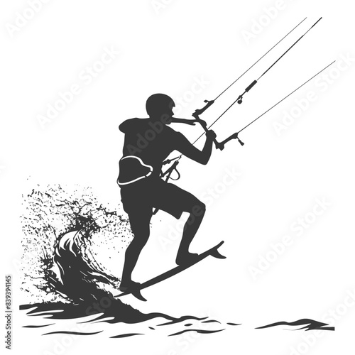 Kitesurfing Silhouette: Man in Action, Water Splash, Extreme Sport, Black and White Vector.