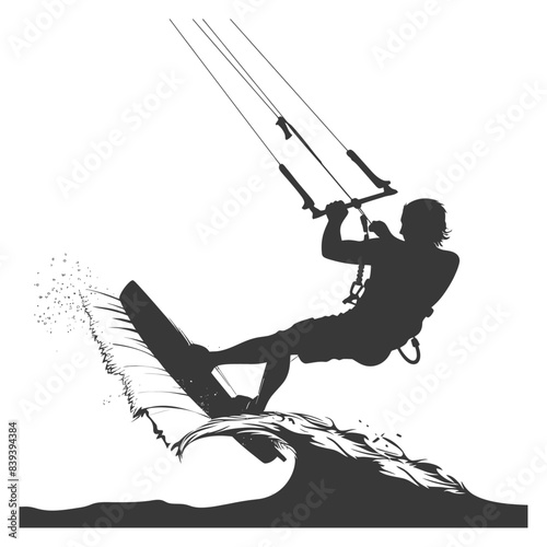 Kitesurfer Silhouette Leaping Wave, Monochrome Action Sport Graphic.