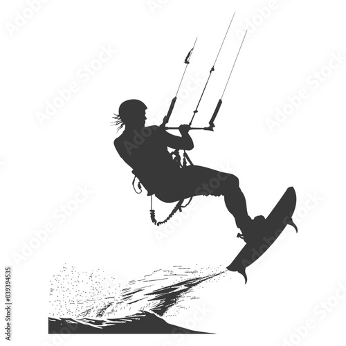 Kiteboarding Silhouette: Airborne Extreme Sport, White Background.