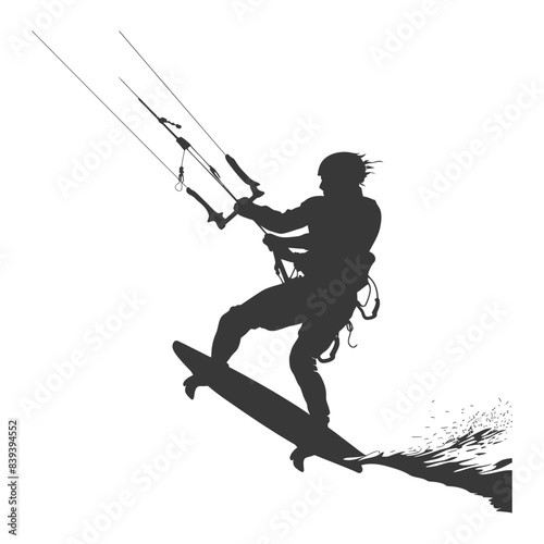 Kitesurfing Silhouette: Dynamic Rider, Watersport Adventure, White Background.