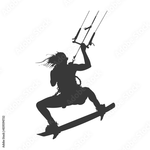 Kiteboarder Silhouette: Female Rider in Mid-Air, Windblown Hair, White Background, Extreme Sport