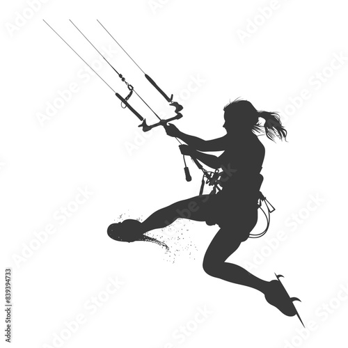 Kiteboarder Silhouette: Woman in Mid-Air Jump, Extreme Water Sport, Isolated on White.