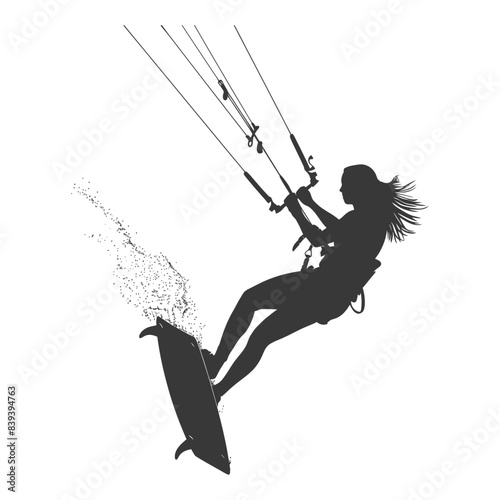 Kiteboarder Silhouette: Woman Riding Wave, Water Splash, Isolated on White