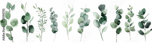 Collection of various eucalyptus branches with leaves hand drawn with green contour lines on white background Bundle of botanical design elements Monochrome realistic floral vector illustration, close photo