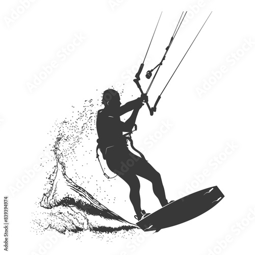 Kitesurfer Silhouette: Dynamic Action, Wave Spray, Sport, Vector Illustration