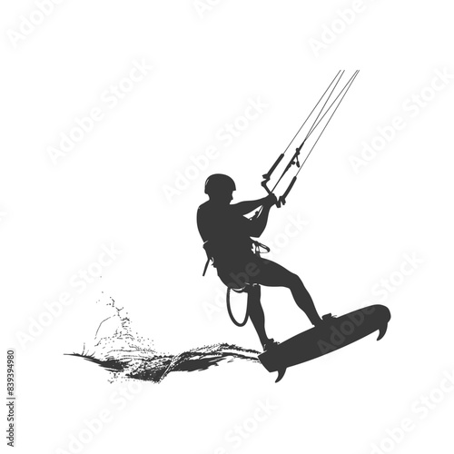 Kitesurfer Silhouette: Water Spray Adrenaline, Black and White.