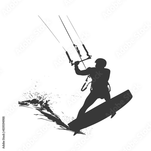Kiteboarder Silhouette: Extreme Water Sport in Action, Black Ink Splash.