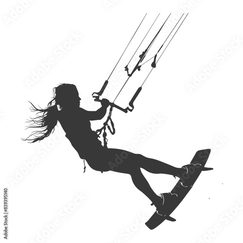 silhouette kitesurfing woman athlete in action full body black color only