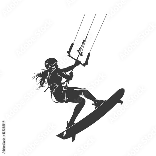 silhouette kitesurfing woman athlete in action full body black color only