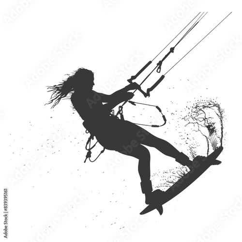 silhouette kitesurfing woman athlete in action full body black color only